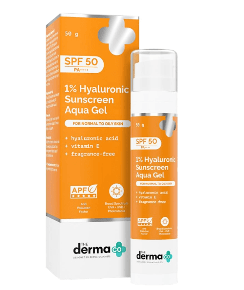 The Derma Co 1% Hyaluronic Sunscreen SPF50 PA++++ Aqua Gel for Broad Spectrum & Blue Light Protection