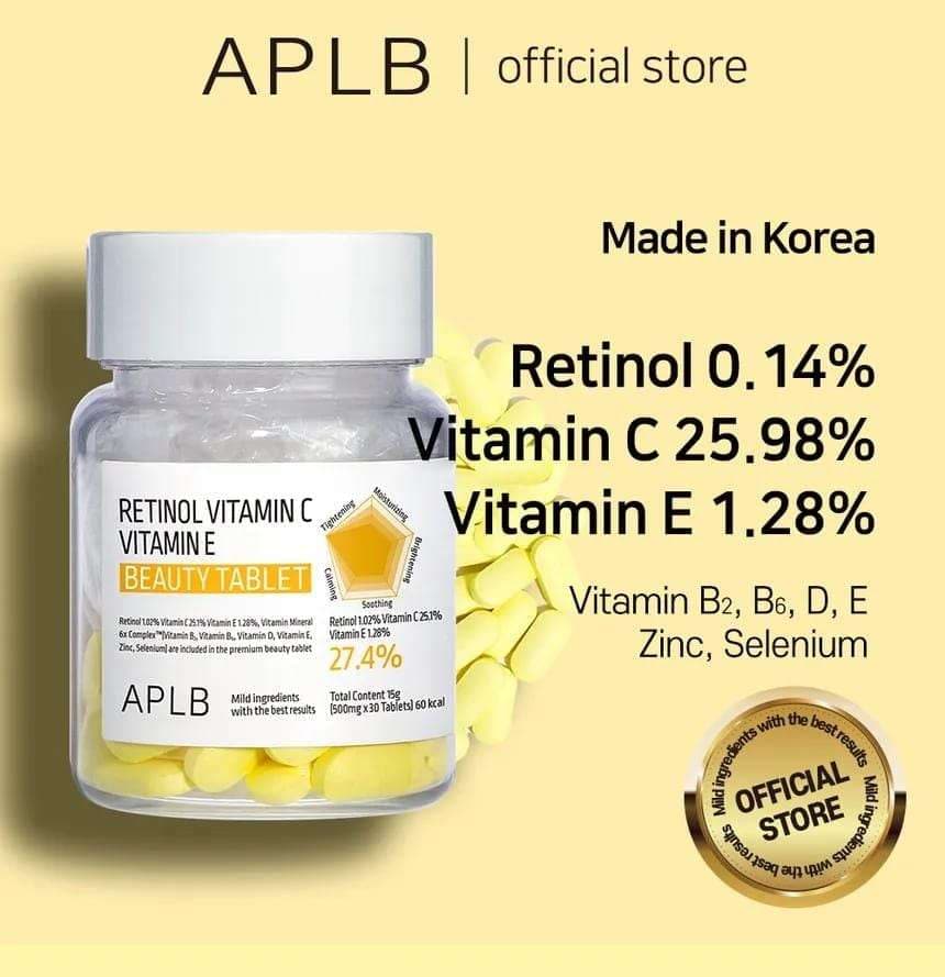 Aplb – Retinol Vitamin C Vitamin E Beauty Tablet 500mg X 30 Tablets