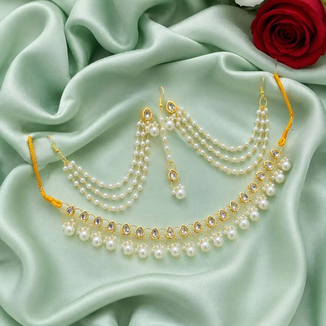 Pearl Kundan Bridal Necklace Set with Earrings & Maang Tikka