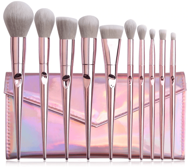 MAANGE 10 Piece Makeup Brush Set Metal Pink With Pouch 2
