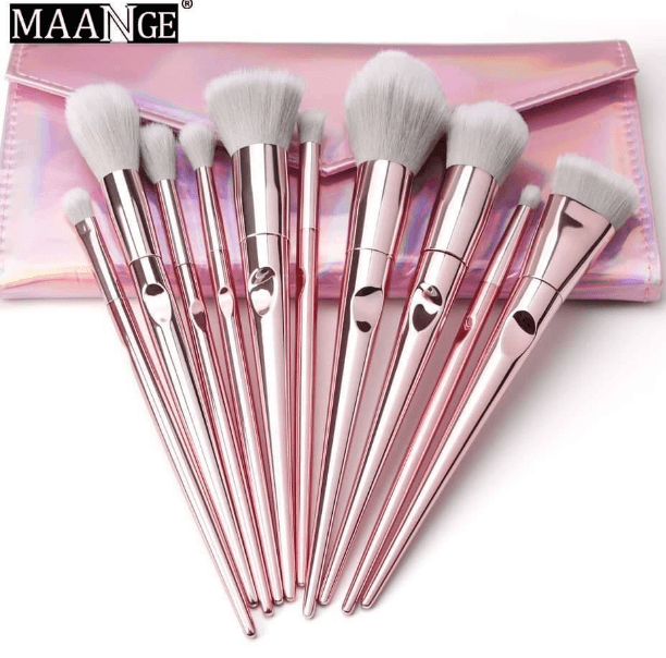 MAANGE 10 Piece Makeup Brush Set Metal Pink With Pouch 4