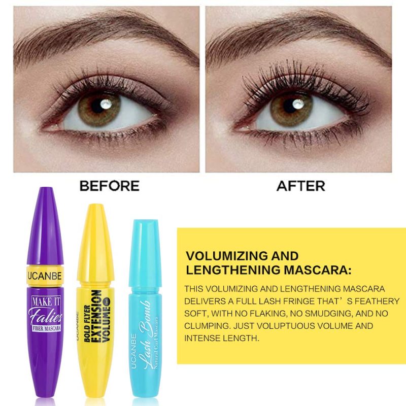 Define Your Eye with Mascara Set: This perfect set creates more visible eyelashes for a glam look. The clump-free formula delivers bigger, thicker & fuller lashes for dramatic volume in one coat.Build the look for even thicker, fanned lashes. Volume and Lengthening Mascara: This volumizing and lengthening mascara delivers a full lash fringe that?s feathery soft,with no flaking,no smudging,and no clumping.Just voluptuous volume and intense length. Waterproof & Long Lasting: This waterproof and long-lasting Mascara formula ensures that your eyelashes stay gorgeously long, thick and voluminous all day through rain, tears, and sweat.Say bonjour to length, thickness and volume that last all day! Easy To Remove: The smooth and creamy mascara sweeps across all lashes without clumping, flaking, or drying out. Simply remove at the end of your day with warm water or your favorite makeup remover. Perfect Gift Set: Thick Mascara,Lengthening Volume Mascara,Natural Mascara,3 in 1 set,4D Plus Perfect Lash Combination contains gentle ingredients that are safe and friendly for sensitive eyes and contact lens wearers.The perfect gift for girls.