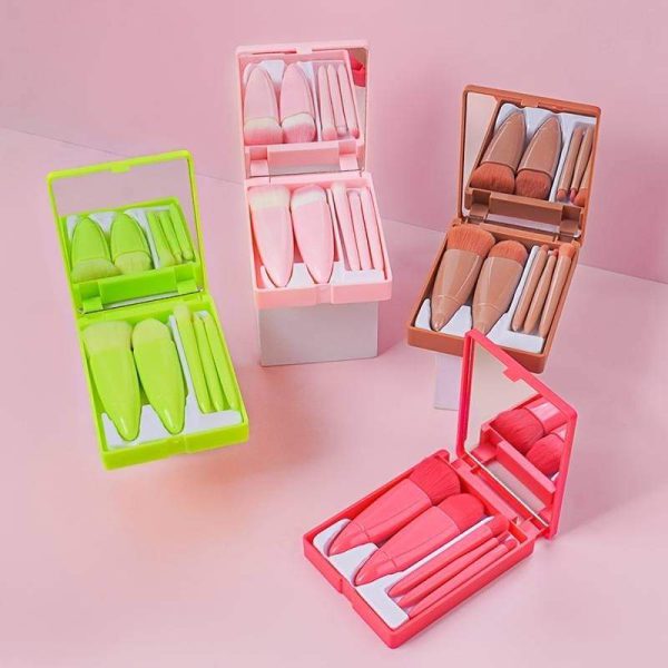 5Pcs Portable Makeup Brushes Set with Mirror Box